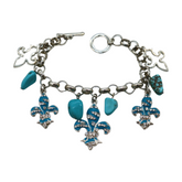New Women Silver Metal Chain Bracelet Turquoise Blue Beads Color Fleur De Lis Flower